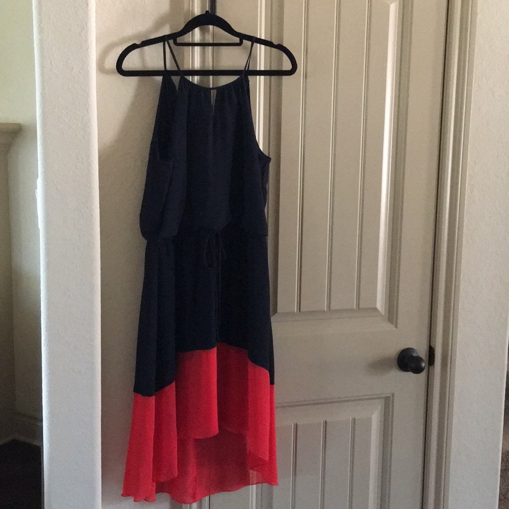 Enfocus Studio 6 high low dress navy orange Illini